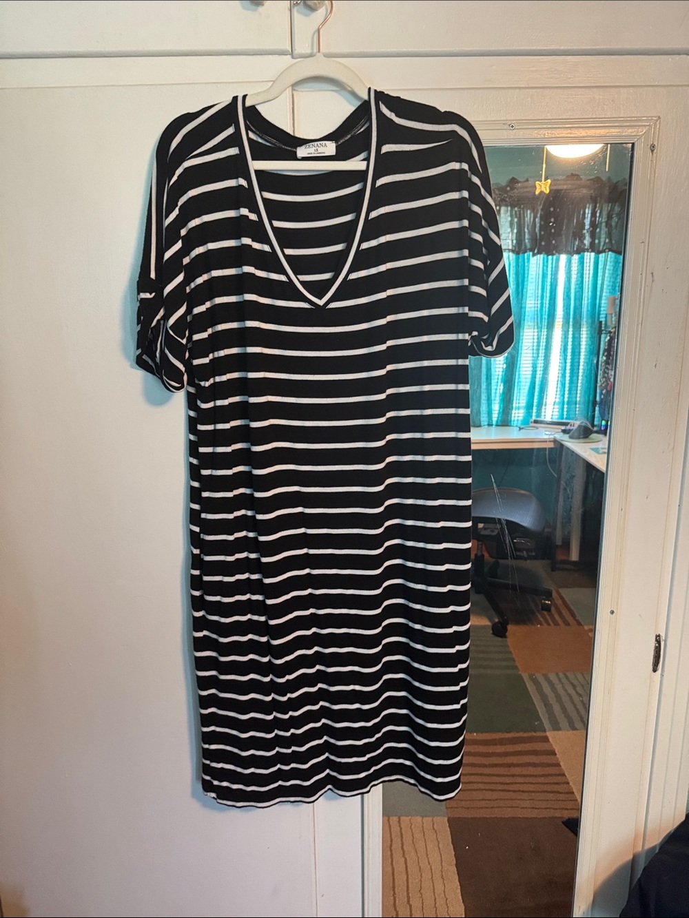 Zenana Outfitters Black and White Striped V-Neck Midi Dress